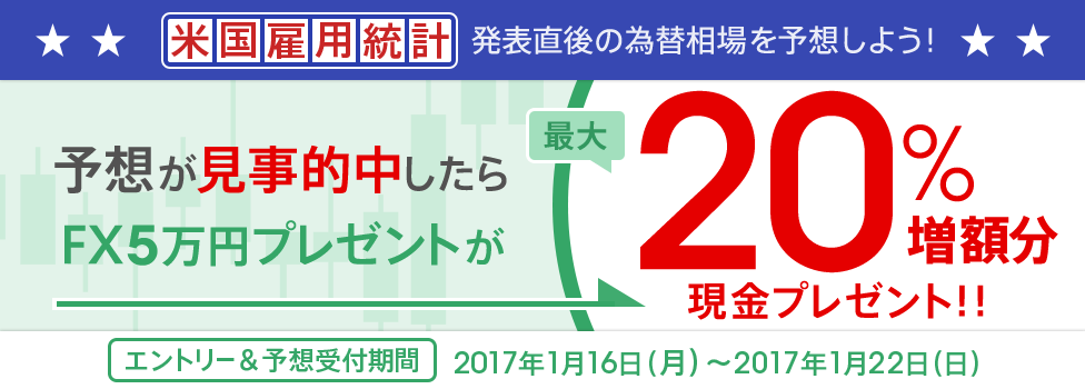 [米国雇用統計を予想しよう！] 予想が当たったら、「FX取引で5万円プレゼント」を20％増額！エントリー＆予想受付期間：2017年1月16日（月）～2017年1月22日（日）