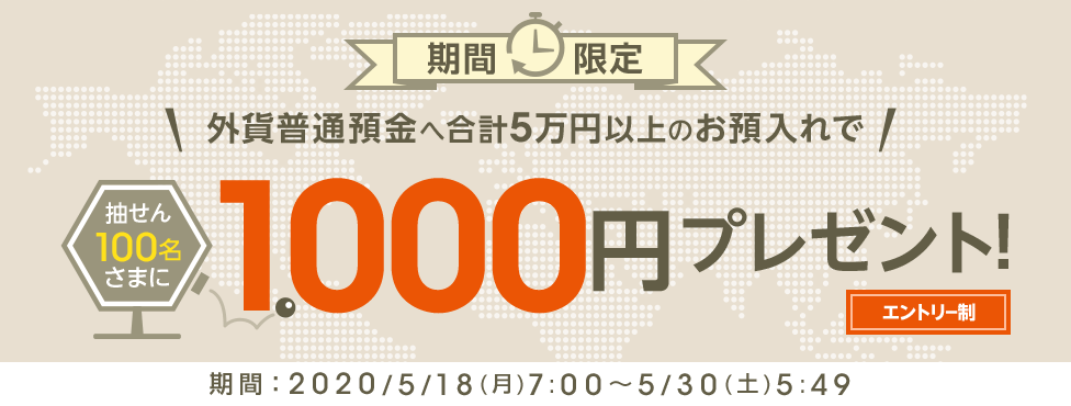 期間限定 外貨普通預金へ合計5万円以上のお預入れで 抽せん100名さまに1,000円プレゼント エントリー制 期間:2020/5/18(月)7:00~5/30(土)5:49