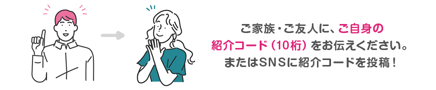 ご家族・ご友人に、ご自身の紹介コード（10桁）をお伝えください。またはSNSに紹介コードを投稿！
