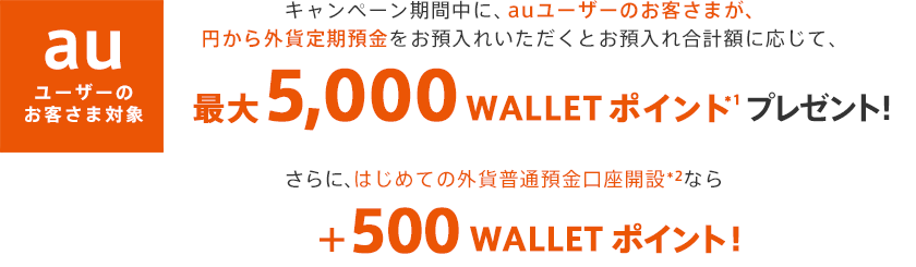 キャンペーン期間中に、外貨定期預金をお預入れいただくとお預入れ合計額に応じて、最大5,000 WALLET ポイント*1プレゼント!さらに、はじめての外貨預金口座開設*2なら+500 WALLET ポイント!