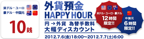 外貨預金 HAPPY HOUR(円→外貨 為替手数料 大幅ディスカウント) 外貨預金 HAPPY HOUR(円→外貨 為替手数料 大幅ディスカウント)