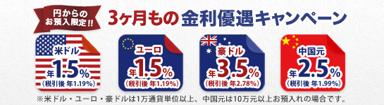 <円→外貨定期限定!>3ヶ月もの外貨定期預金 金利アップキャンペーン <円→外貨定期限定!>3ヶ月もの外貨定期預金 金利アップキャンペーン