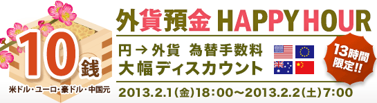 外貨預金 HAPPY HOUR(円→外貨 為替手数料 大幅ディスカウント) 外貨預金 HAPPY HOUR(円→外貨 為替手数料 大幅ディスカウント)
