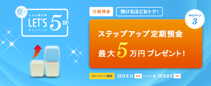じぶん銀行発 夏のLET'S5 GO! キャンペーン キャンペーン3 仕組預金 預けるほどおトク! ステップアップ定期預金お預入れ 最大5万円プレゼント! キャンペーン期間 2013.6.12 WED … 2013.8.6 TUE じぶん銀行発 夏のLET'S5 GO! キャンペーン キャンペーン3 仕組預金 預けるほどおトク! ステップアップ定期預金お預入れ 最大5万円プレゼント! キャンペーン期間 2013.6.12 WED … 2013.8.6 TUE
