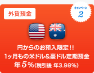 キャンペーン2 外貨預金 円からのお預入限定!! 1ヶ月もの米ドル&豪ドル定期預金 年5% (税引後 年3.98%) キャンペーン2 外貨預金 円からのお預入限定!! 1ヶ月もの米ドル&豪ドル定期預金 年5% (税引後 年3.98%)