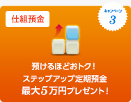 キャンペーン3 仕組預金 預けるほどおトク!ステップアップ定期預金 最大5万円プレゼント! キャンペーン3 仕組預金 預けるほどおトク!ステップアップ定期預金 最大5万円プレゼント!