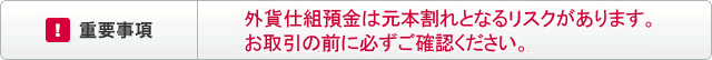 重要事項 外貨仕組預金には元本割れとなるリスクがあります。お取引の前に必ずご確認ください。 重要事項 外貨仕組預金には元本割れとなるリスクがあります。お取引の前に必ずご確認ください。