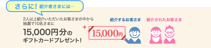 さらに紹介者さまには…2人以上紹介いただいたお客さまの中から抽選で10名さまに
15,000円分のギフトカードプレゼント! さらに紹介者さまには…2人以上紹介いただいたお客さまの中から抽選で10名さまに
15,000円分のギフトカードプレゼント!