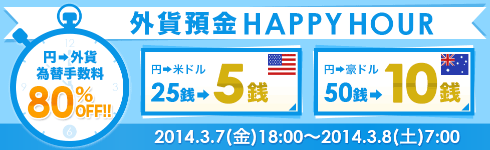 外貨預金HAPPYHOUR
円→外貨為替手数料80%OFF!!円→米ドル25銭→5銭 円→豪ドル50銭→10銭 2014.3.7(金)18:00~2014.3.8(土)7:00 外貨預金HAPPYHOUR
円→外貨為替手数料80%OFF!!円→米ドル25銭→5銭 円→豪ドル50銭→10銭 2014.3.7(金)18:00~2014.3.8(土)7:00