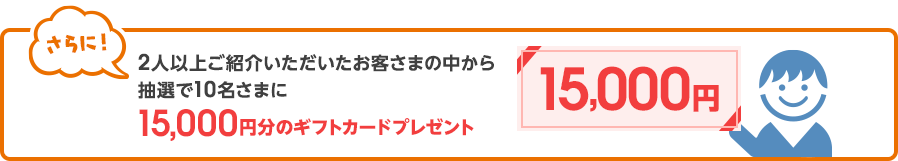 さらに!2人以上紹介いただいたお客さまの中から抽選で10名さまに15,000円のギフトカードプレゼント
