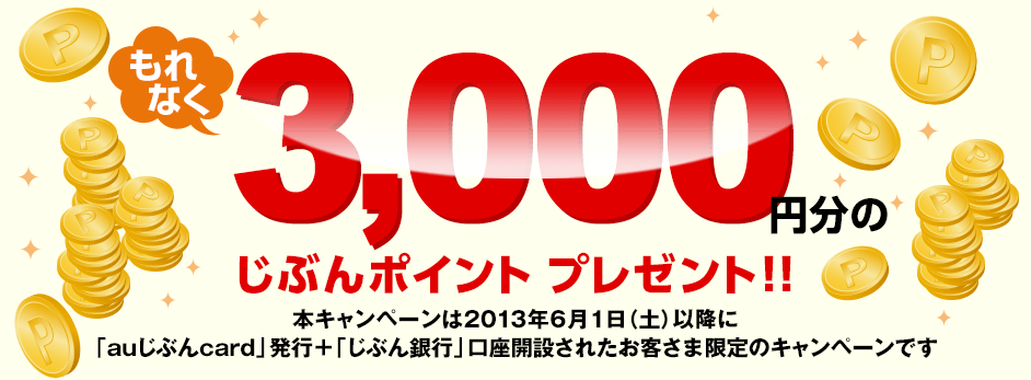 もれなく3,000円分のじぶんポイントプレゼント!! 本キャンペーンは2013年6月1日(土)以降に「auじぶんcard」発行+「じぶん銀行」口座開設されたお客さま限定のキャンペーンです