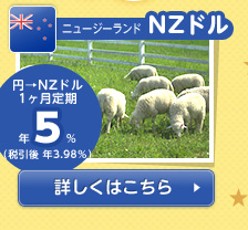 【ニュージーランド/NZドル】円→NZドル1カ月定期 年5%(税引後 年3.98%)の詳細情報を見る