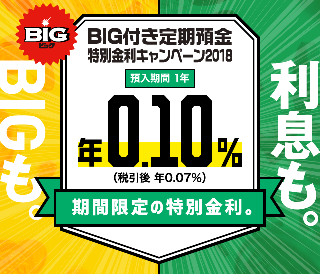 利息も。BIGも。BIG付き定期預金 特別金利キャンペーン2018 預入期間1年 年0.10%(税引後 年0.07%)期間限定の特別金利。