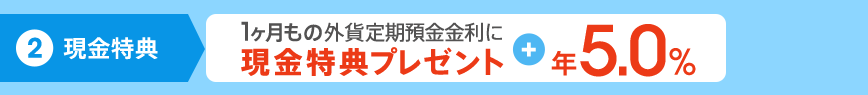 【2】現金特典:1ヶ月もの外貨定期預金金利に現金特典プレゼント+5.0%