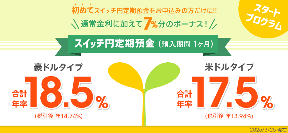 [初回お預入れ限定] 1ヶ月ものスイッチ円定期預金 スタートプログラム。通常金利に加えて7％分のボーナス！